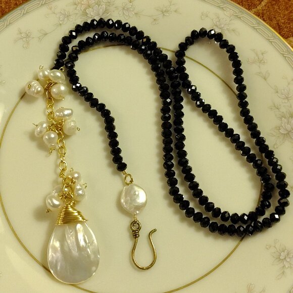 Artisan Fresh Water Mother of Pearl, Coin Pearls Faceted Crystal Necklace - Picture 2 of 5